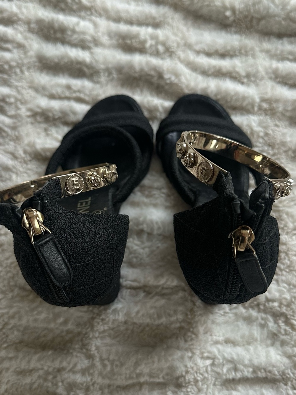 CHANEL Black Canvas Logo Lucky Charms Wedge Sandals - Picture 2 of 16